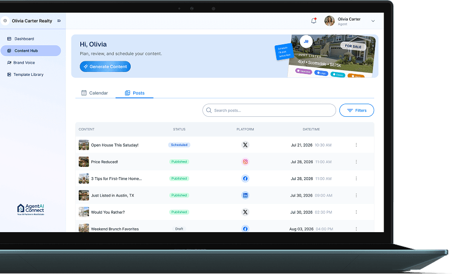 AgentAI Connect content dashboard on a laptop
